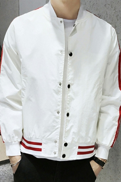 Basic Mens Varsity Jacket Stripe Pattern Button down Long Sleeve Stand Collar Fitted Jacket