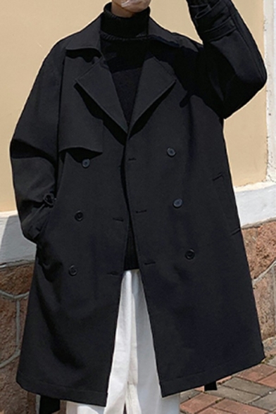 Cool Men Coat Pure Color Pocket Lapel Collar Loose Long Sleeve Button Closure Trench Coat