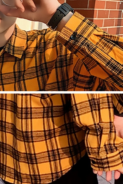 Cool Men's Shirt Turn-Down Collar Plaid Pattern Button Up Long Sleeve Loose Fit Shirt