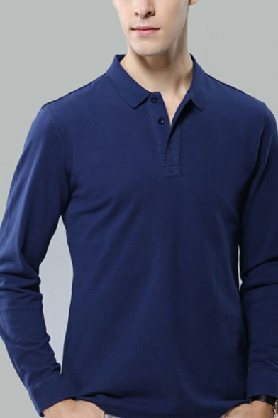 Creative Polo Shirt Solid Color Turn-down Collar Long-Sleeved Loose Fit Polo Shirt for Men