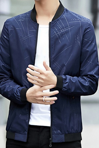 Dashing Mens Varsity Jacket Jacquard Pattern Zip up Long Sleeve Stand Collar Fitted Jacket