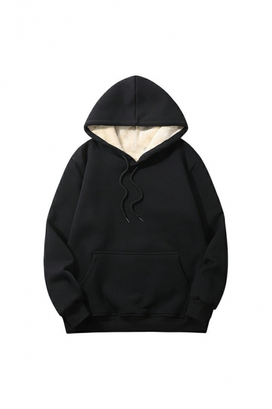 Edgy Men Hoodie Solid Color Rib Cuffs Long Sleeves Loose Fitted Hooded Drawstring Hoodie