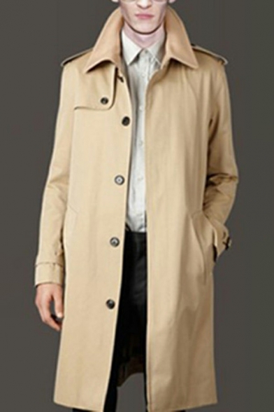 Elegant Coat Plain Front Pocket Spread Collar Relaxed Long Sleeves Button-up Trench Coat for Boys