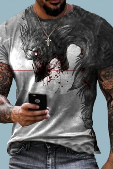 Fancy T-Shirt 3D Patterned Round Neck Short-Sleeved Regular Fit T-Shirt for Men