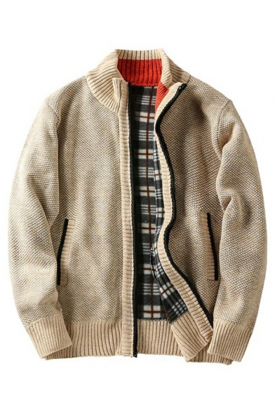 Formal Men's Cardigan Pure Color Plaid Lined Stand Collar Long Sleeves Zip Up Cardigan