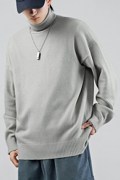 Guys Hot Sweater Whole Colored Ribbed Trim High Neck Relaxed Long Sleeves Sweater
