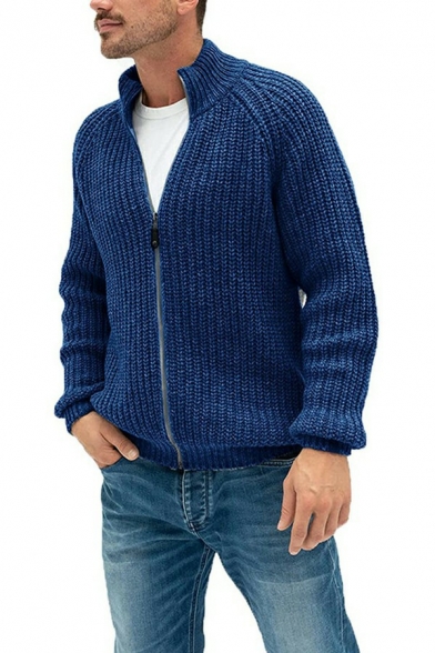 Guys Unique Cardigan Plain Zip-up Long Sleeves Stand Collar Loose Cardigan