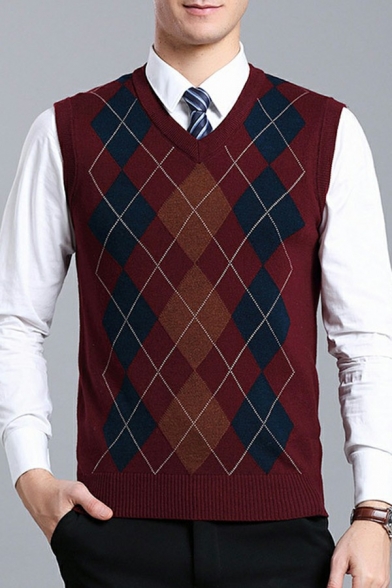 Leisure Knitted Vest Argyle Pattern Rib Hem V-Neck Slim Fit Sleeveless Sweater Vest for Men
