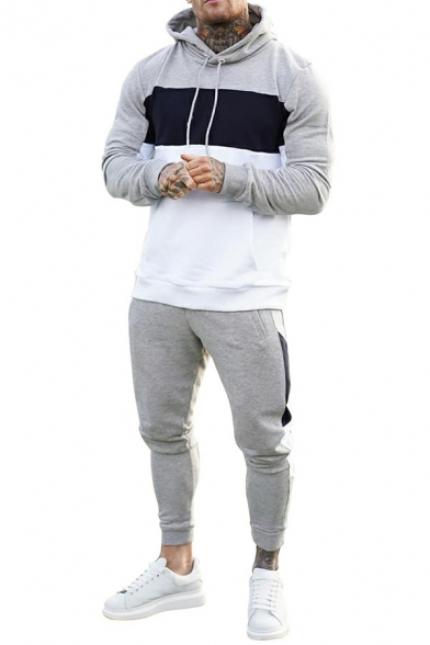 Leisure Mens Set Color Block Drawstring Kanga Pocket Slim Fit Long-Sleeved Hoodie with Pants Sport Set