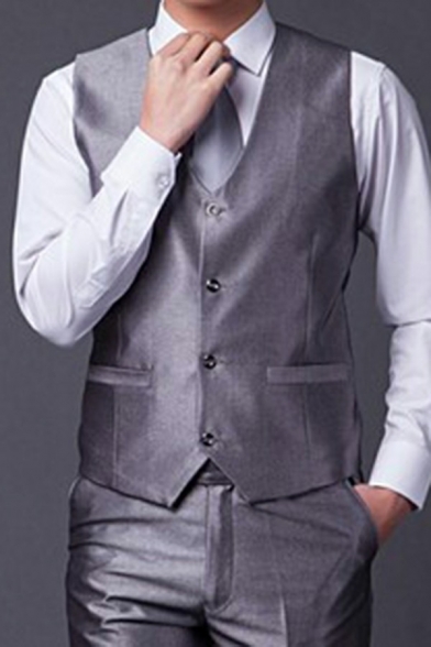 Men's Fashionable Suit Vest Plain Sleeveless V-Neck Button Closure Regular Fitted Suit Vest