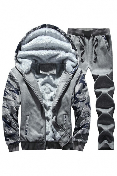 Men's Thick Co-ords Camo Pattern Zip Fly Pocket Long Sleeves Hooded Long Length Pants Co-ords