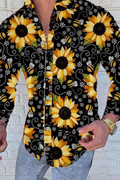 Men Vintage 3D Sunflower Pattern Shirt Turn Down Collar Button Fly Long Sleeve Slim Cut Shirt