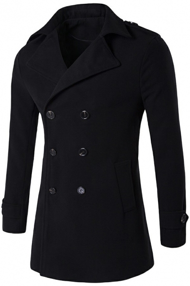 Stylish Coat Whole Colored Collar Double Breasted Long Sleeves Coat for Guys