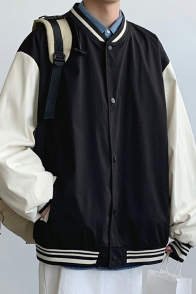 Stylish Mens Varsity Jacket Contrast Color Panel Button Closure Long Sleeve Loose Fit Jacket