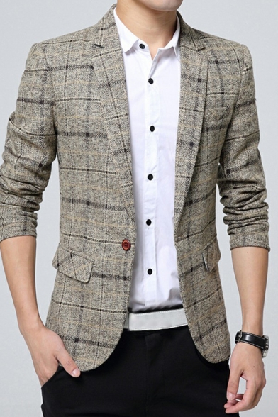 Trendy Mens Jacket Suit Plaid Print Long Sleeves Single Button Slim Fitted Suit with Pockets
