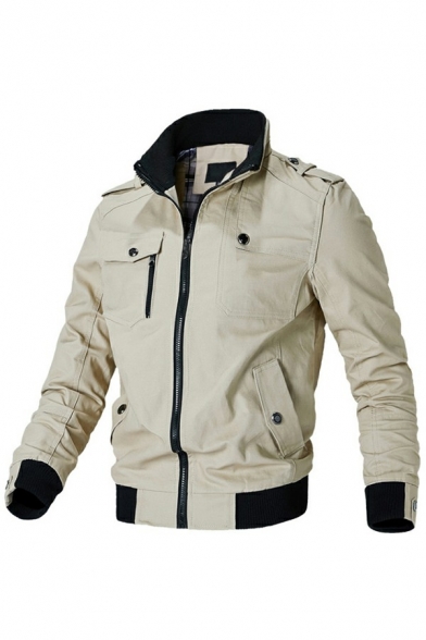 Trendy Mens Solid Color Jacket Zipper Up Stand Collar Pocket Decorated Regular Fit Casual Jacket