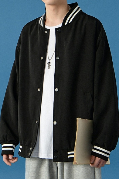 Trendy Mens Varsity Jacket Stripe Print Button up Long-Sleeved Regular Fit Jacket