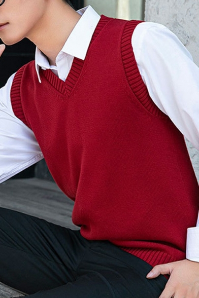 Trendy Vest Solid Color V-Neck Rib Cuffs Sleeveless Slim Fit Knit Vest for Men