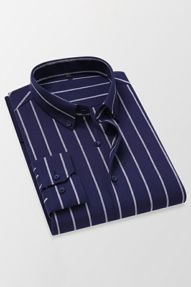 Unique Guys Shirt Stripe Print Button Button Placket Turn-Down Collar Fit Long Sleeves Shirt