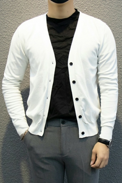 Urban Mens Cardigan Pure Color V-Neck Long-sleeved Button Placket Cardigan