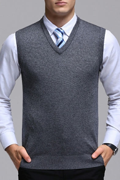 Basic Mens Plain Sweater V-Neck Ribbed Trim Sleeveless Slim Fitted Knit Vest