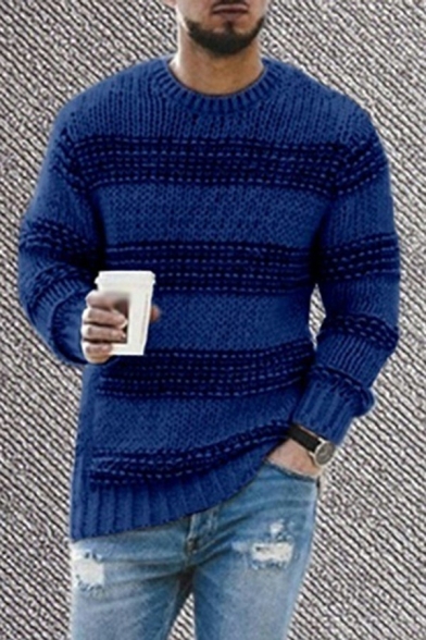 Classic Guys Sweater Stripe Pattern Round Collar Rib Hem Knitted Long Sleeve Regular Fit Sweater