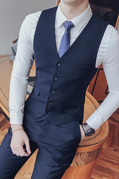 Dashing Plain Suit Vest Button Closure Belt Back V-Neck Slim Fit Suit Vest for Guys