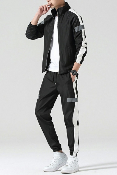 Fashion Co-ords Contrast Stripe Lapel Collar Regular Long Sleeves Sweatshirt with Pants Set for Men