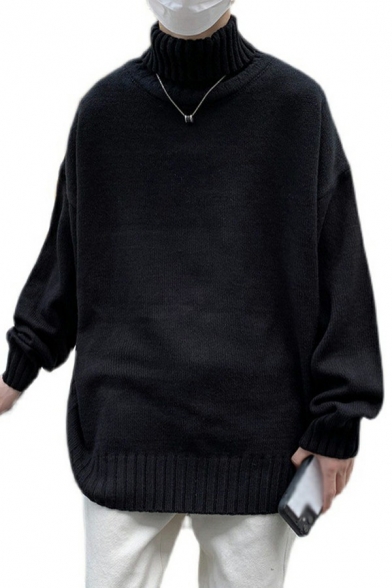 Formal Pullover Solid Color High Neck Baggy Long-sleeved Pullover for Guys