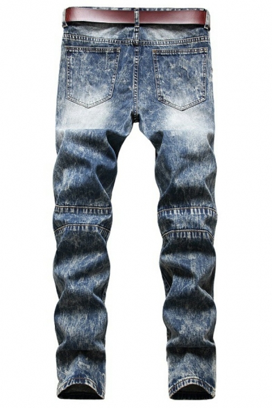 Guy's Edgy Jeans Faded Washed Full Distressed Designed Mid Rise Slim Full Length Jeans