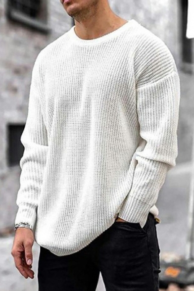 Guy's Urban Sweater Whole Colored Long Sleeve Round Neck Relaxed Fitted Pullover Sweater