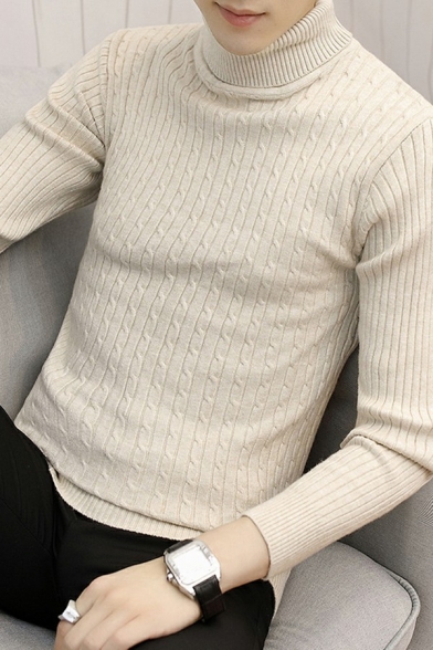 Guys Edgy Pullover Solid Color High Neck Cable Knit Slimming Long-sleeved Pullover