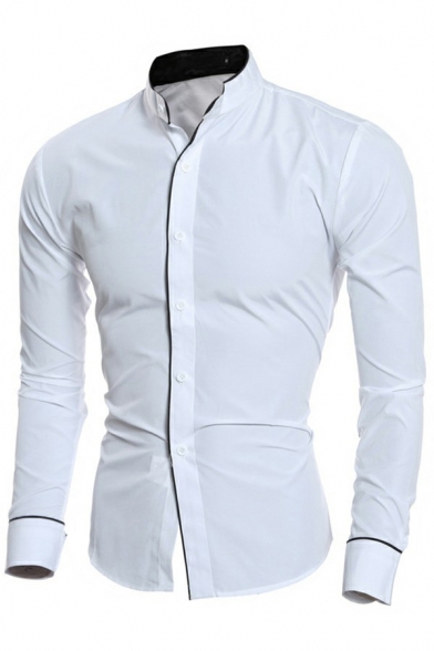 Guys Slouch Shirt Contrast Color Trim Button Placket Stand Collar Slim Fit Long Sleeve Shirt