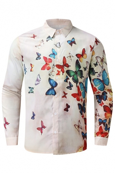Hot Guys Shirt Butterfly Printed Turn-down Collar Long-Sleeved Regular Fit Button Placket Shirt