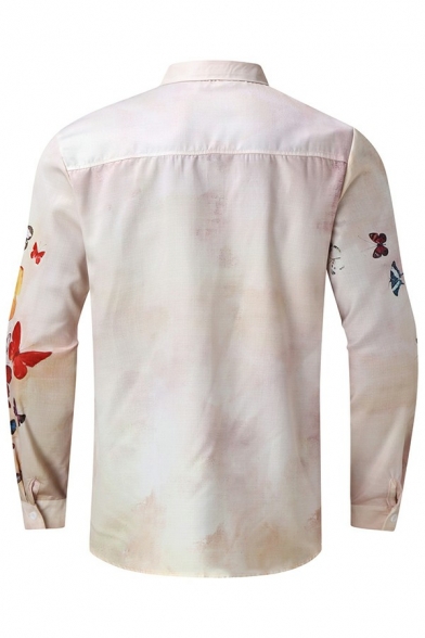 Hot Guys Shirt Butterfly Printed Turn-down Collar Long-Sleeved Regular Fit Button Placket Shirt