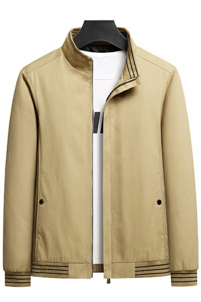 Men's Basic Designed Jacket Solid Stand Collar Long Sleeve Zip Up Regular Fit Jacket