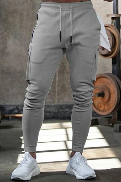 Men Sporty Drawstring Pants Solid Color Elastic Waist Relaxed Fit Pants with Pockets