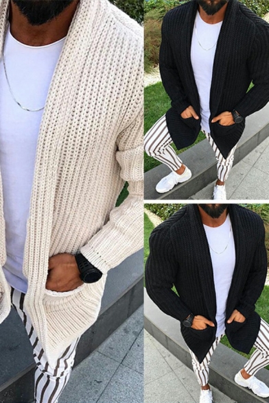 Men Trendy Cardigan Solid Color Turn-down Collar Pocket Detailed Long-Sleeved Loose Cardigan