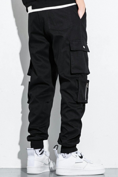 Men Trendy Drawstring Cargo Pants Pure Color Pocket Detail Elastic Waist Slim Fit Pants
