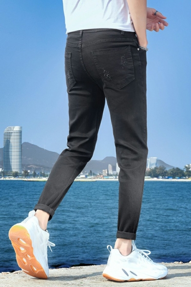 Mens Trendy Jeans Mid-Rised Side Distressed Effect Zipper Placket Long Length Straight Fit Jeans with Pockets