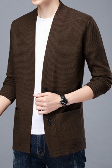 Modern Cardigan Pure Color Button Closure Long Sleeve Pocket Detail Relaxed Cardigan for Men