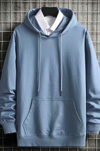 Popular Mens Drawstring Hoodie Pure Color Long-Sleeved Rib Cuffs Loose Fitted Hoodie with Pocket