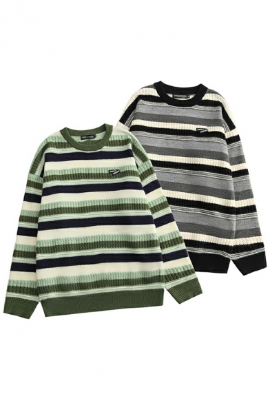Retro Guys Sweater Contrast Stripe Print Ribbed Trim Round Neck Baggy Pullover Sweater