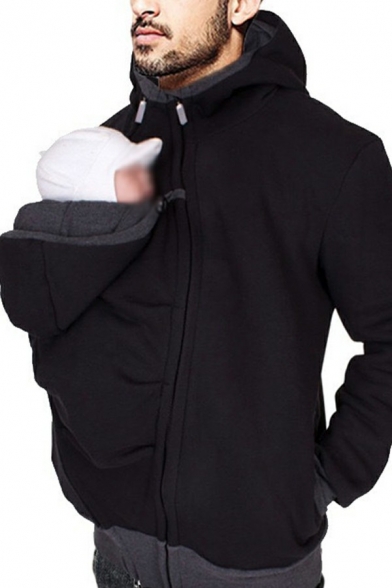 Retro Hoodie Solid Front Pocket Long Sleeves Regular Fitted Hooded Zip Closure Hoodie for Men