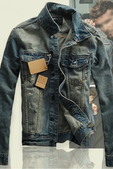 Retro Men's Jeans Jacket Chest Pocket Button Up Long-Sleeved Regular Fit Denim Jacket