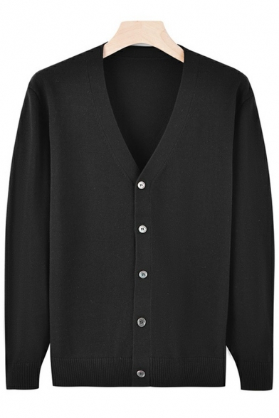 Simple Cardigan Pure Color V Neck Regular Long-Sleeved Button Fly Cardigan for Men