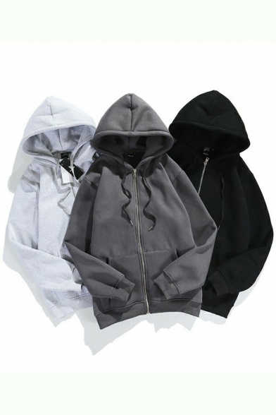 Simple Cardigan Solid Color Hooded Drawcord Zip Fly Pocket Long-sleeved Loose Cardigan for Guys