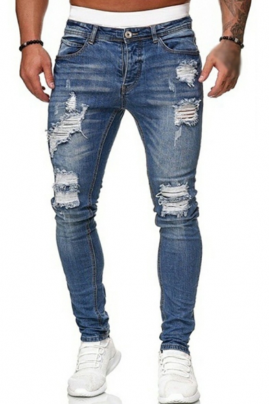 Simple Men Break Hole Jeans Pure Color Medium Wash Mid Rise Pocket Detail Zipper Placket Long Length Slim Fit Jeans
