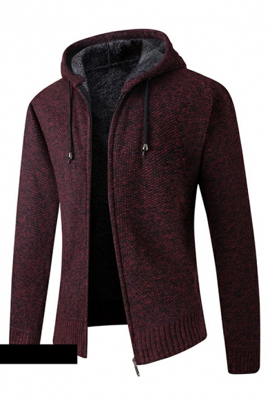 Simple Mens Cardigan Whole Colored Long Sleeve Drawstring Hooded Zip-up Cardigan