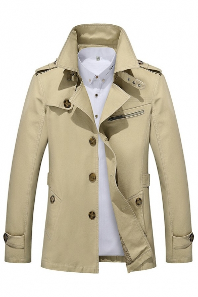 Simple Mens Trench Coat Pure Color Single Breast Long Sleeve Lapel Collar Fitted Trench Coat